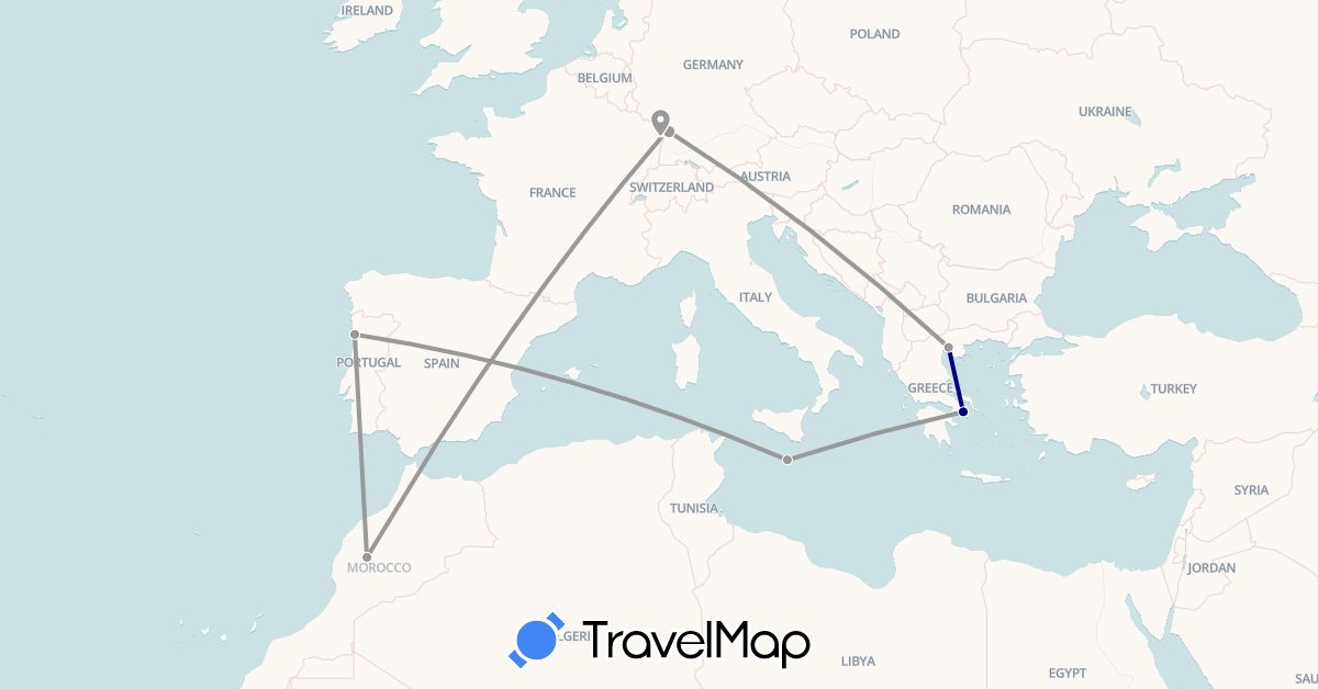 TravelMap itinerary: driving, plane in Germany, France, Greece, Morocco, Malta, Portugal (Africa, Europe)